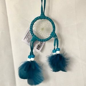 Handmade Turquoise DreamCatcher with White Webbing and dark turquoise feathers